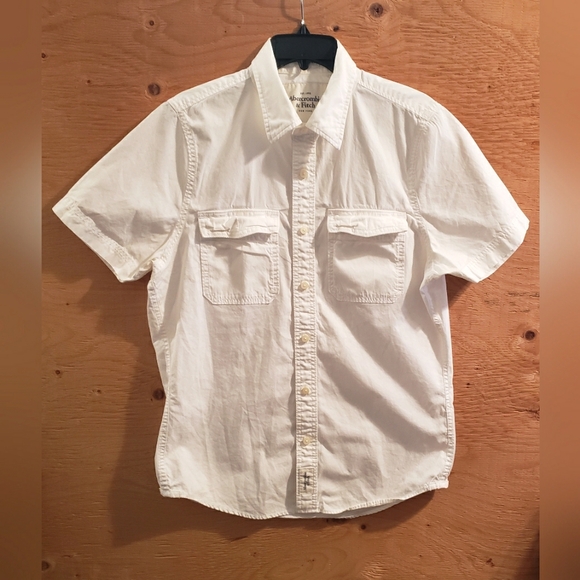 Abercrombie & Fitch Men's Off White Button Down Short Sleeve Pocket Shirt Sz L - Picture 1 of 7